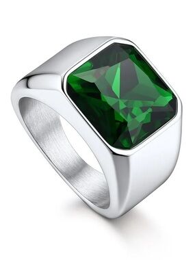 NEW Stainless Steel Silver-Tone Men's Green Stone Signet Ring